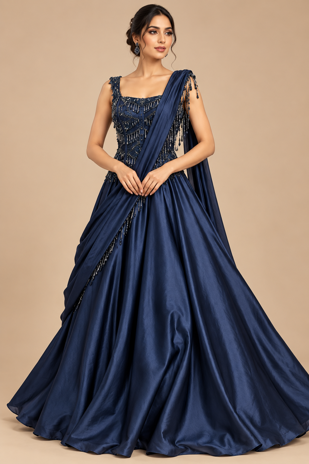 Royal Navy Blue Corset-Bodice Draped Gown