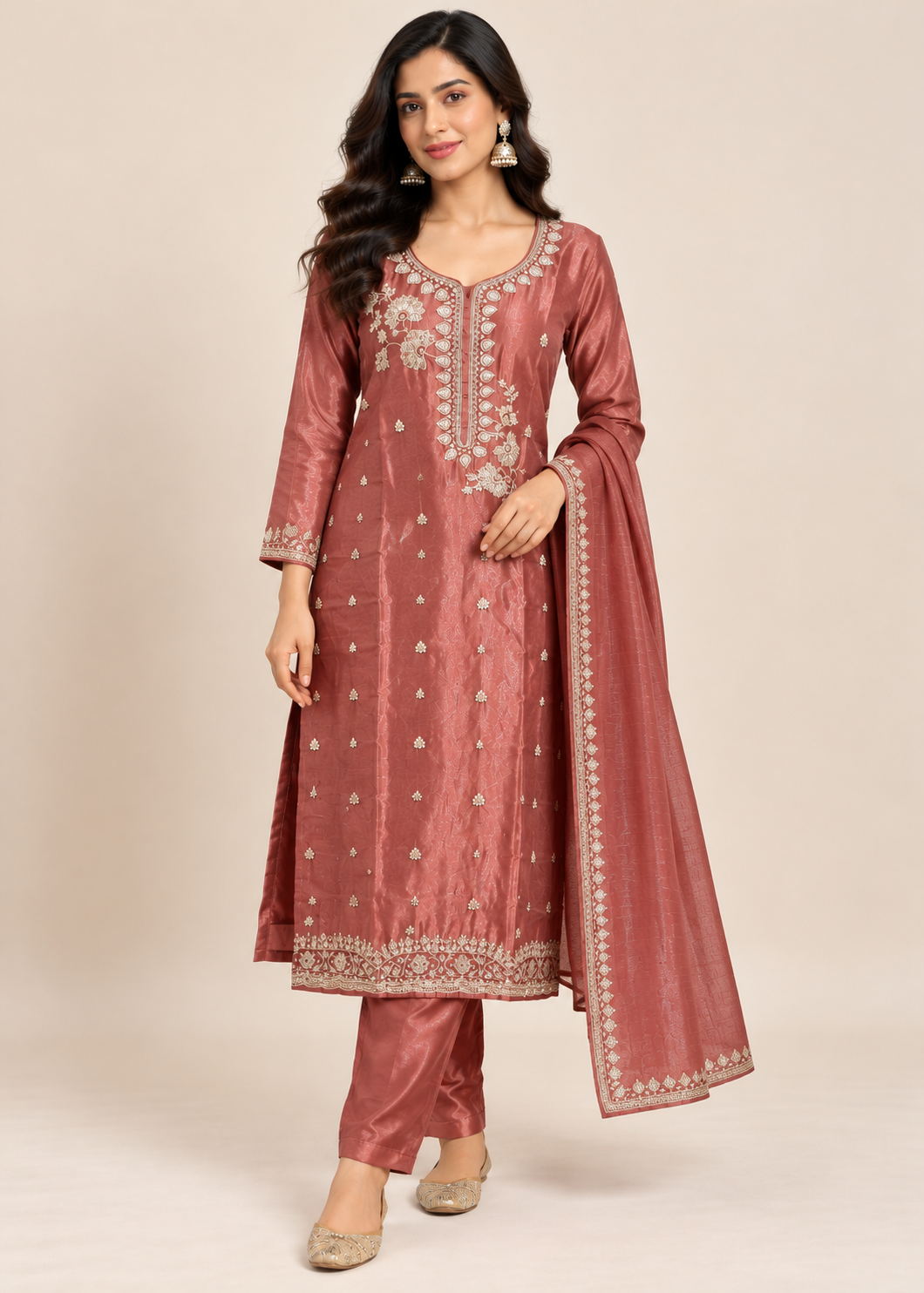 Rosewood Maroon Embroidered Silk Suit Set