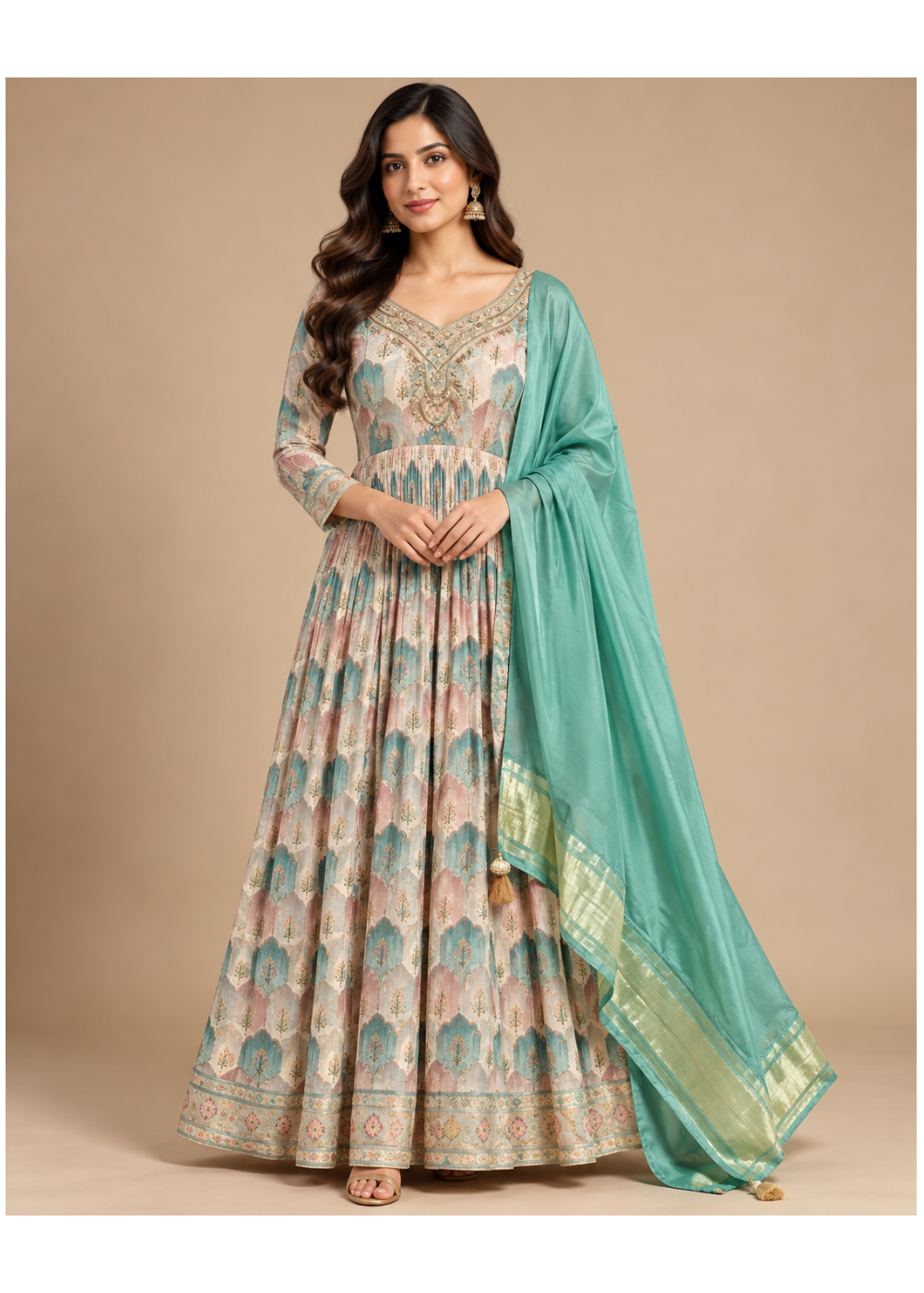 Pastel Floral Printed Anarkali Gown