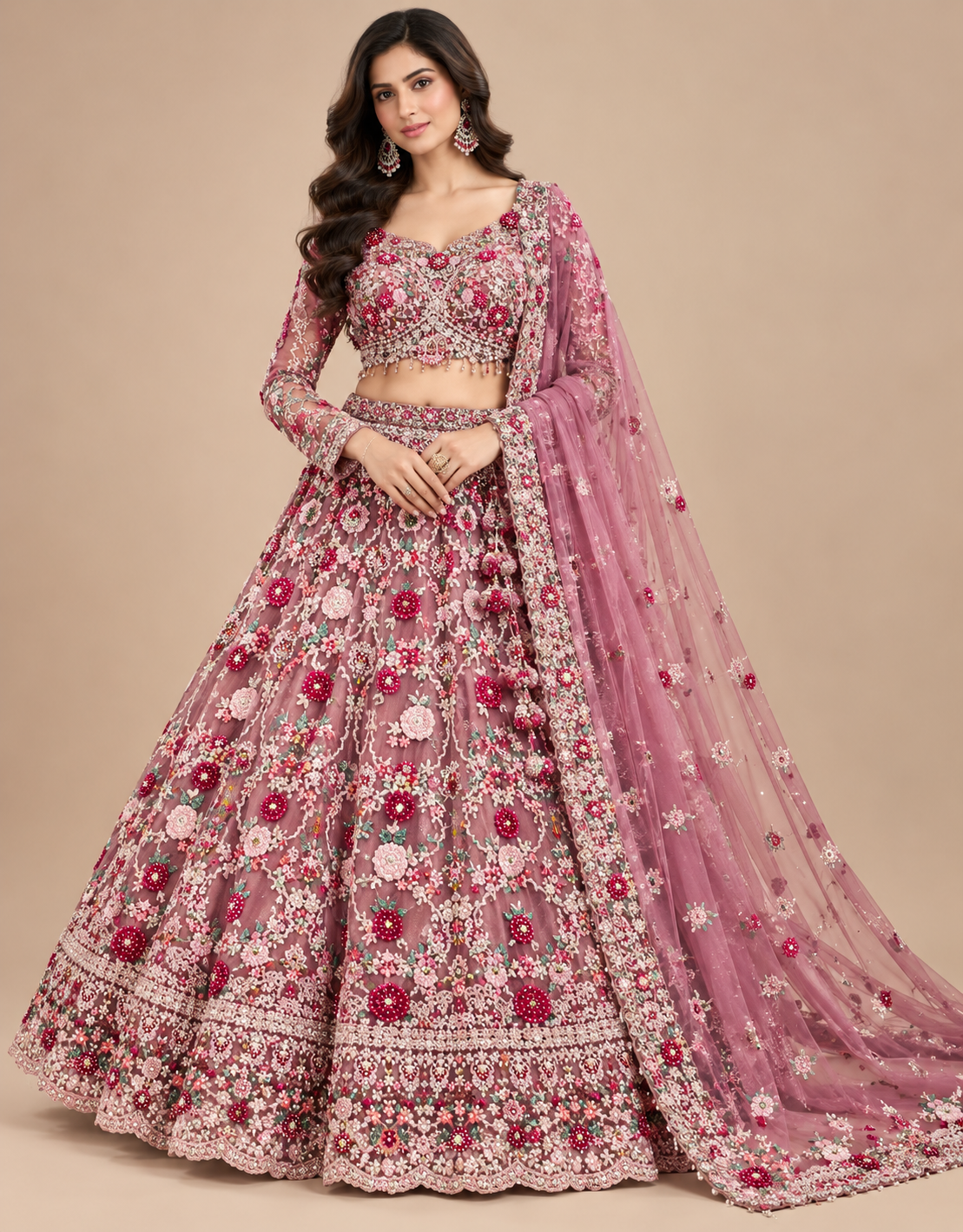Dusty Rose-Mauve 3D Floral Embroidered Full-Sleeve Bridal Lehenga Choli Set