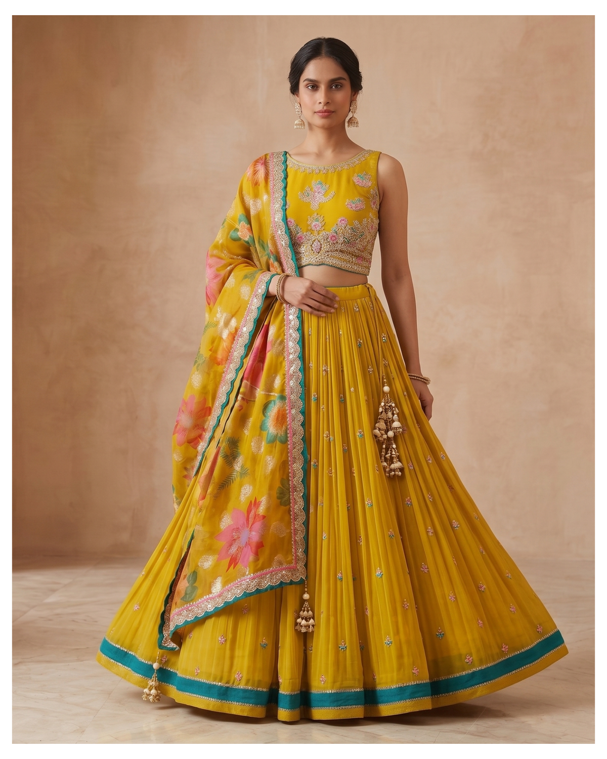 Mustard Pleated Lehenga Set with Floral Organza Dupatta Main image