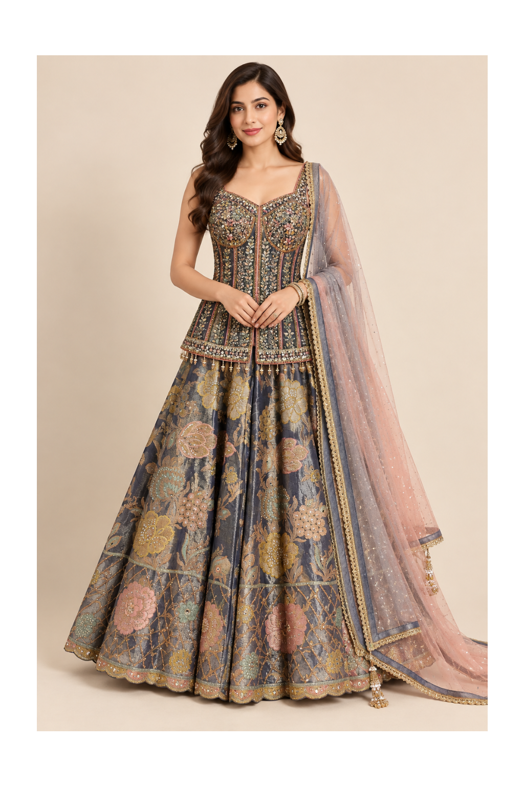 Slate Grey Brocade Corset Bridal Lehenga Set