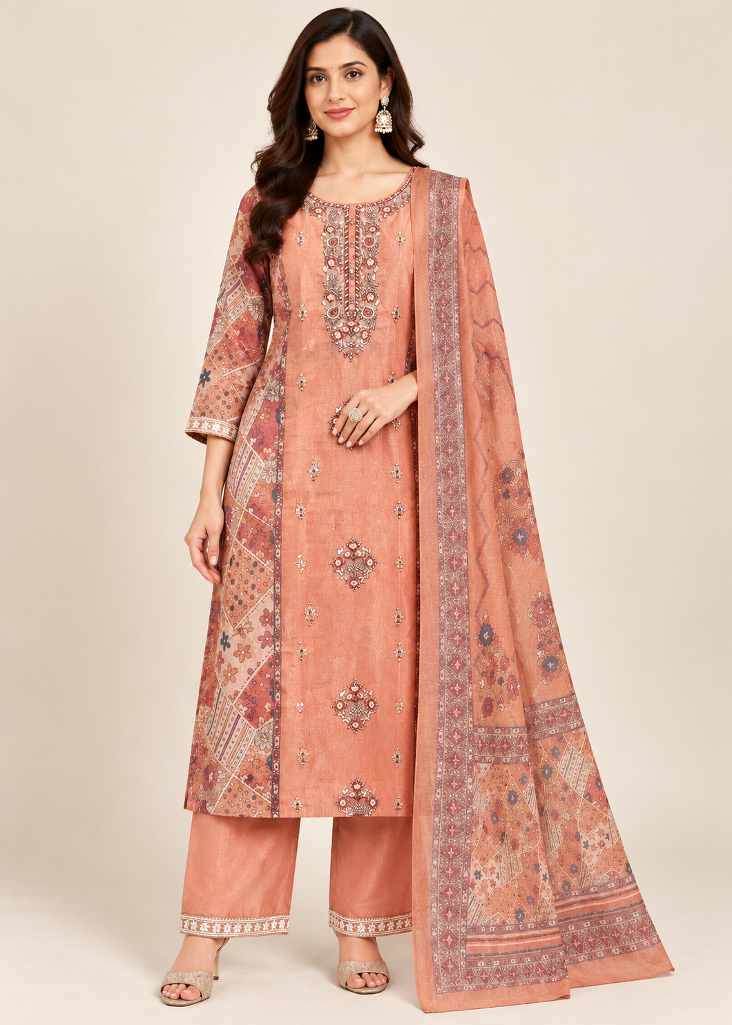 Peach Chanderi Silk Embroidered Suit Set