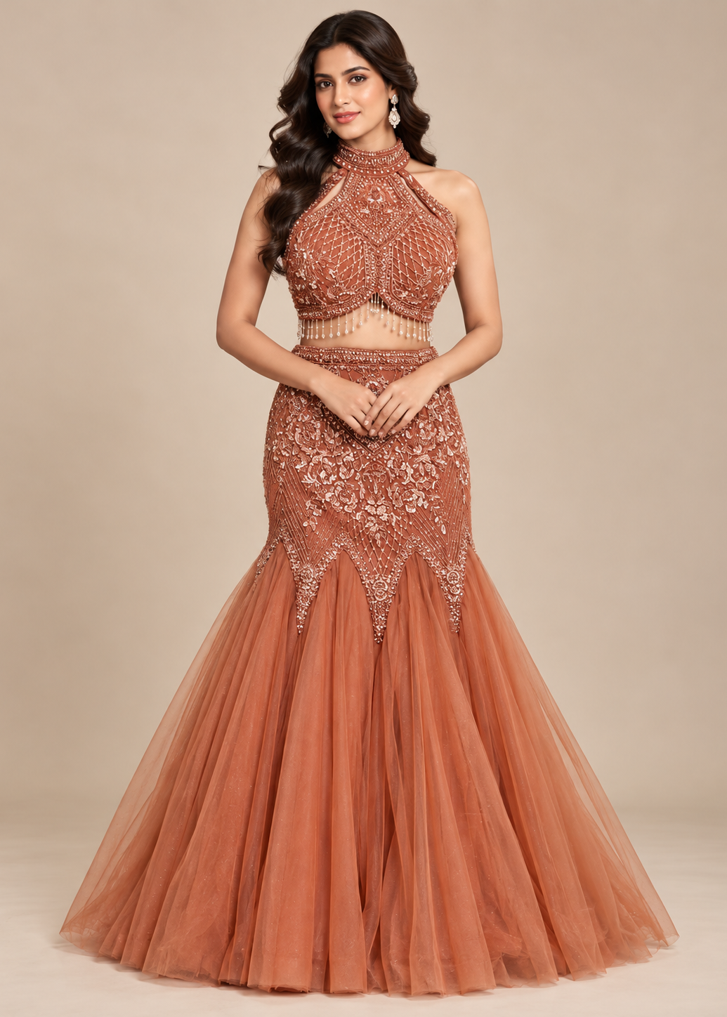 Rust Orange Embellished Mermaid Lehenga Set