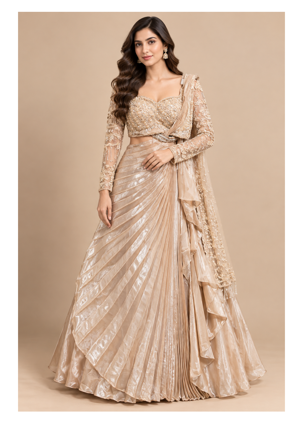 Champagne Gold Sunburst Pleated Pre-Draped Lehenga Saree Main image