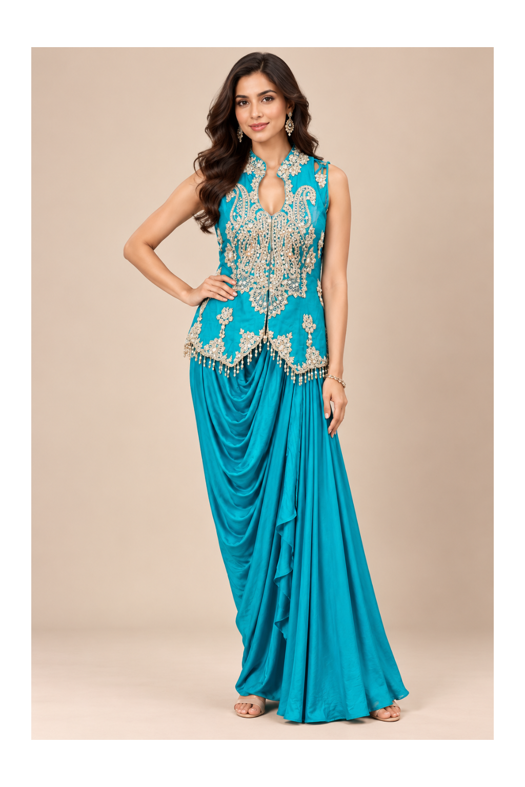 Peacock Blue Embroidered Jacket & Cowl Dhoti-Skirt Set