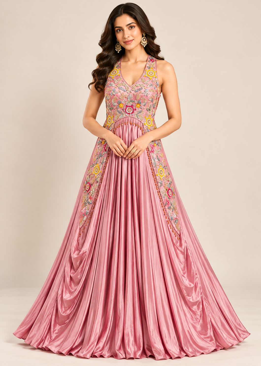 Blush-Rose Floral Embroidered Halter-Neck Cowl Gown