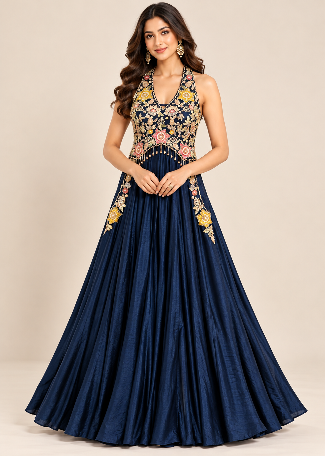 Midnight Navy Floral Embroidered Halter-Neck Flared Gown