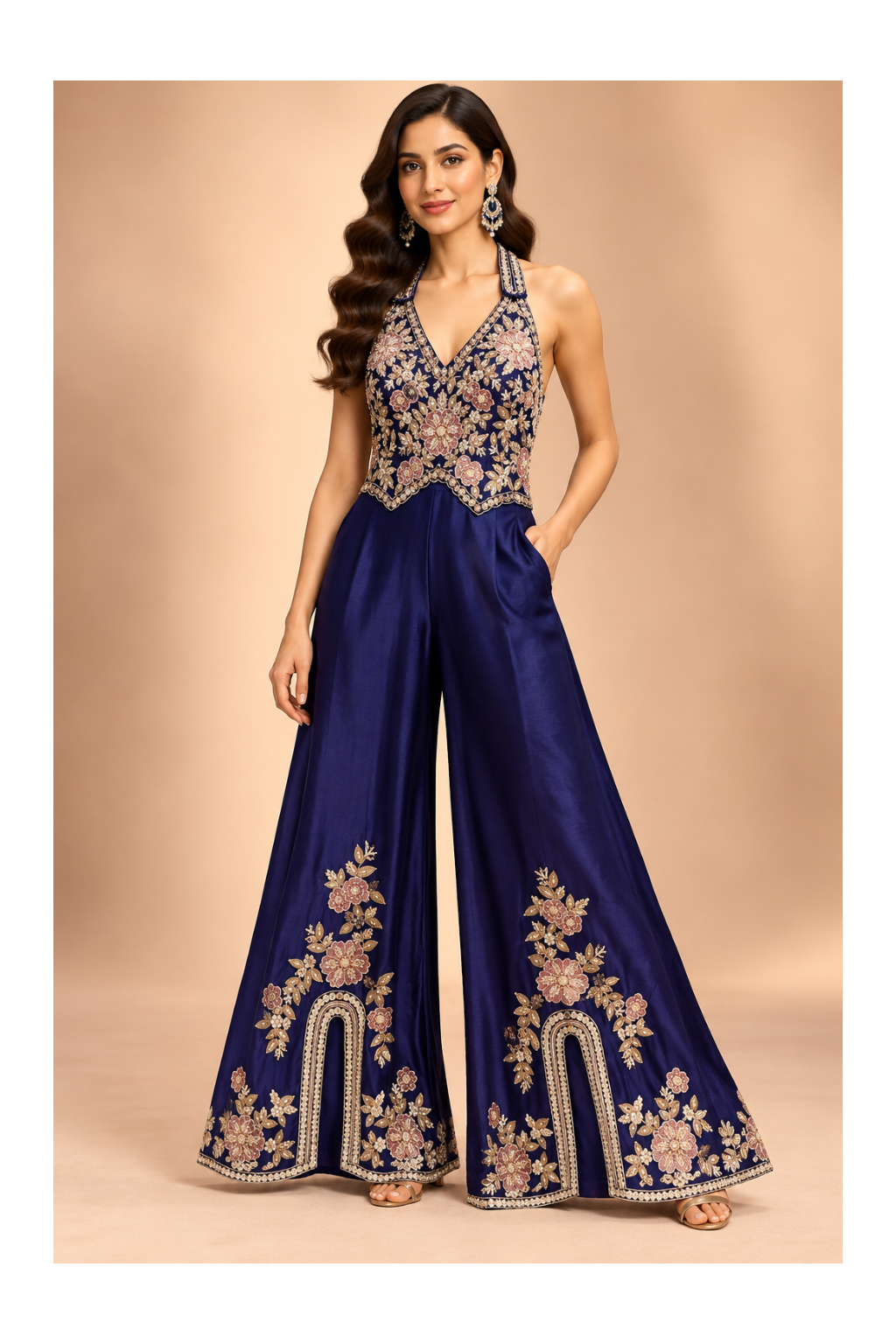Royal Navy Blue Embroidered Halter Jumpsuit Main image