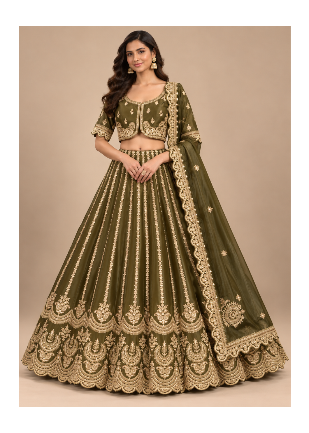 Royal Olive Green Gold Embroidered Lehenga Main image