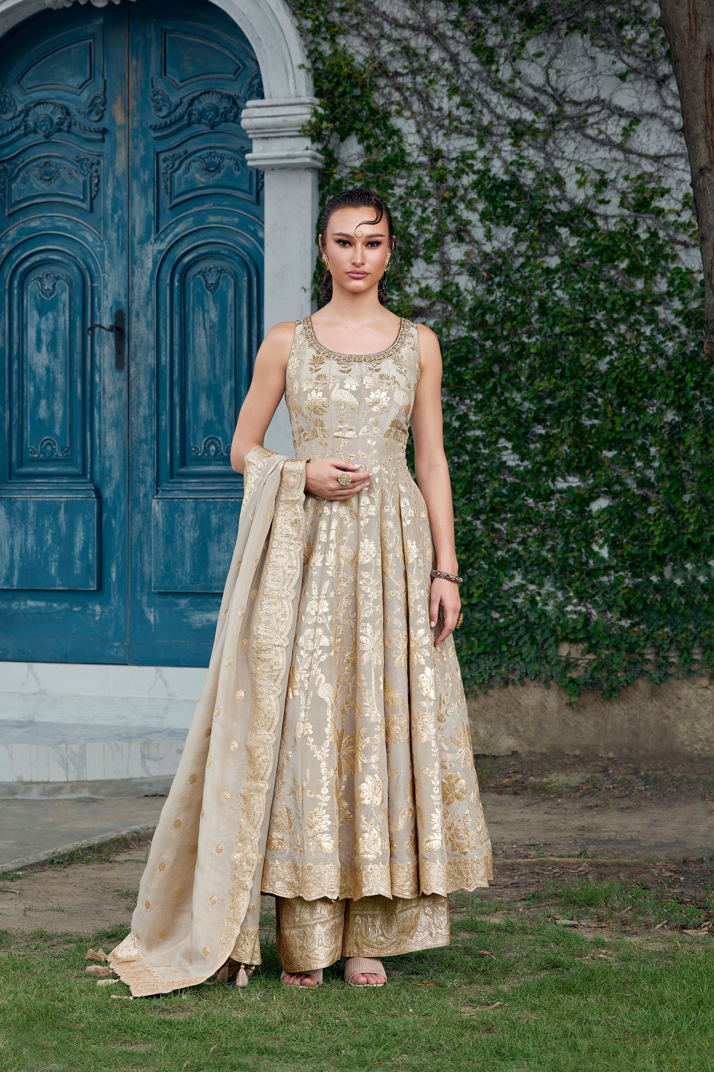 Elegant Light Gold Brocade Anarkali Set (ANNU M-24)