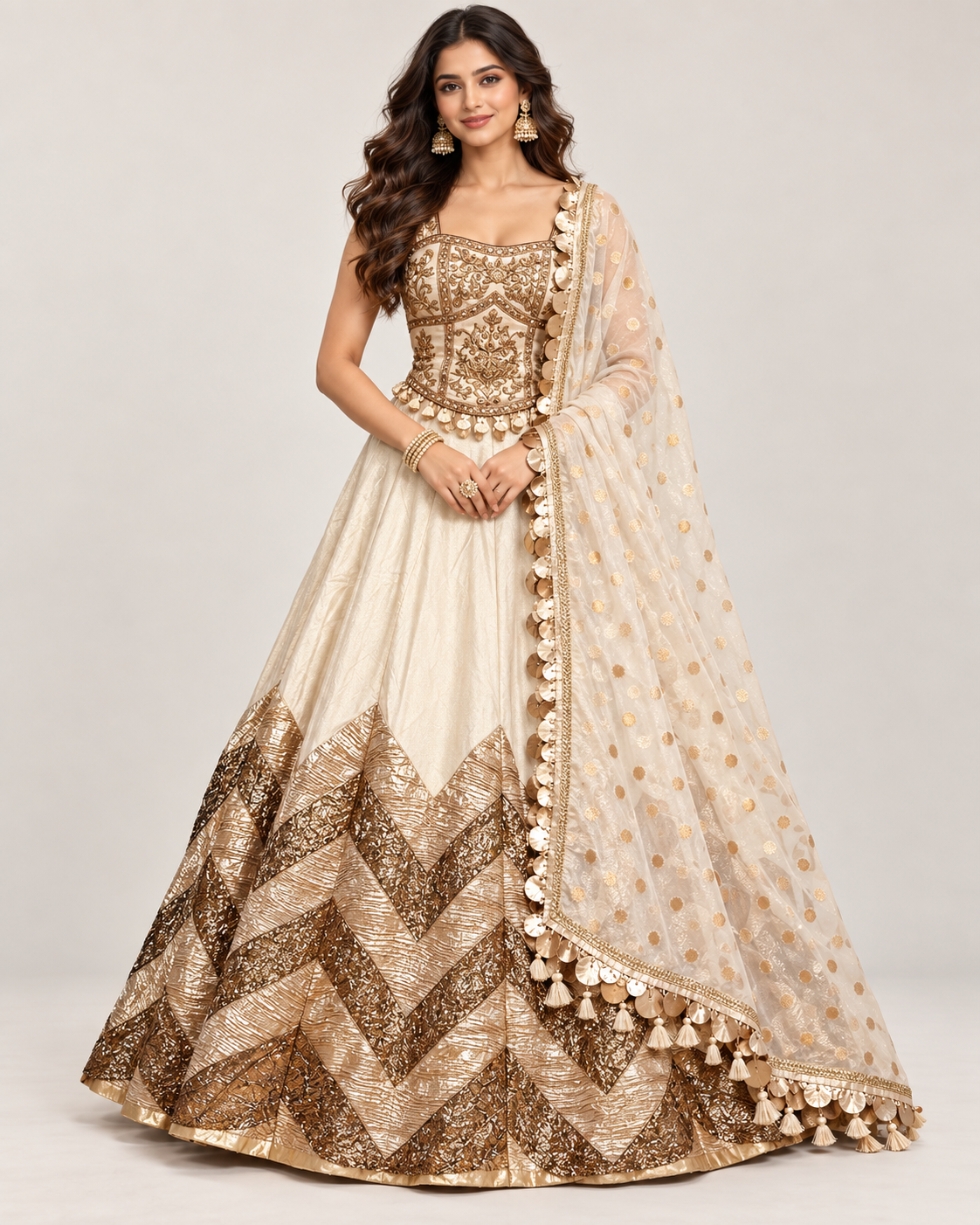 Ivory and Antique Gold Chevron Embellished Lehenga Set with Polka Dupatta Main image
