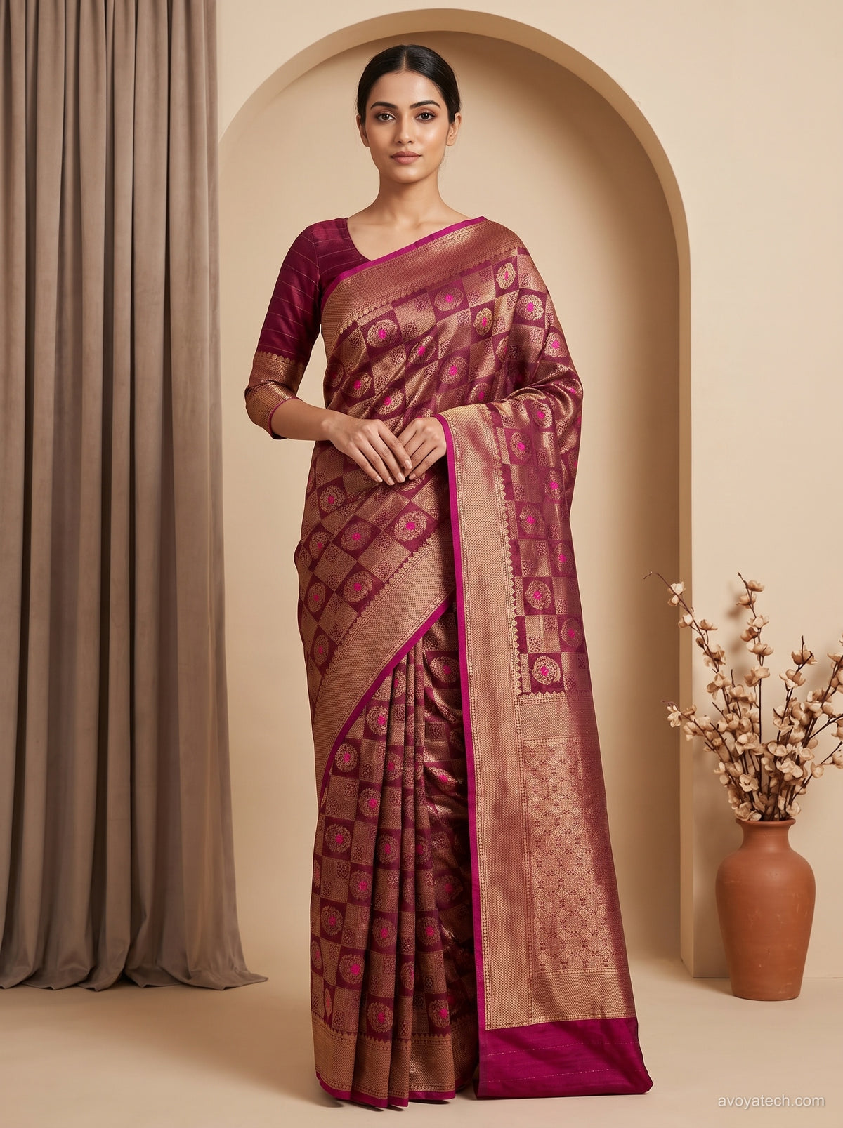 Wine Purple & Antique Gold Banarasi Silk Saree with Geometric Medallion Grid