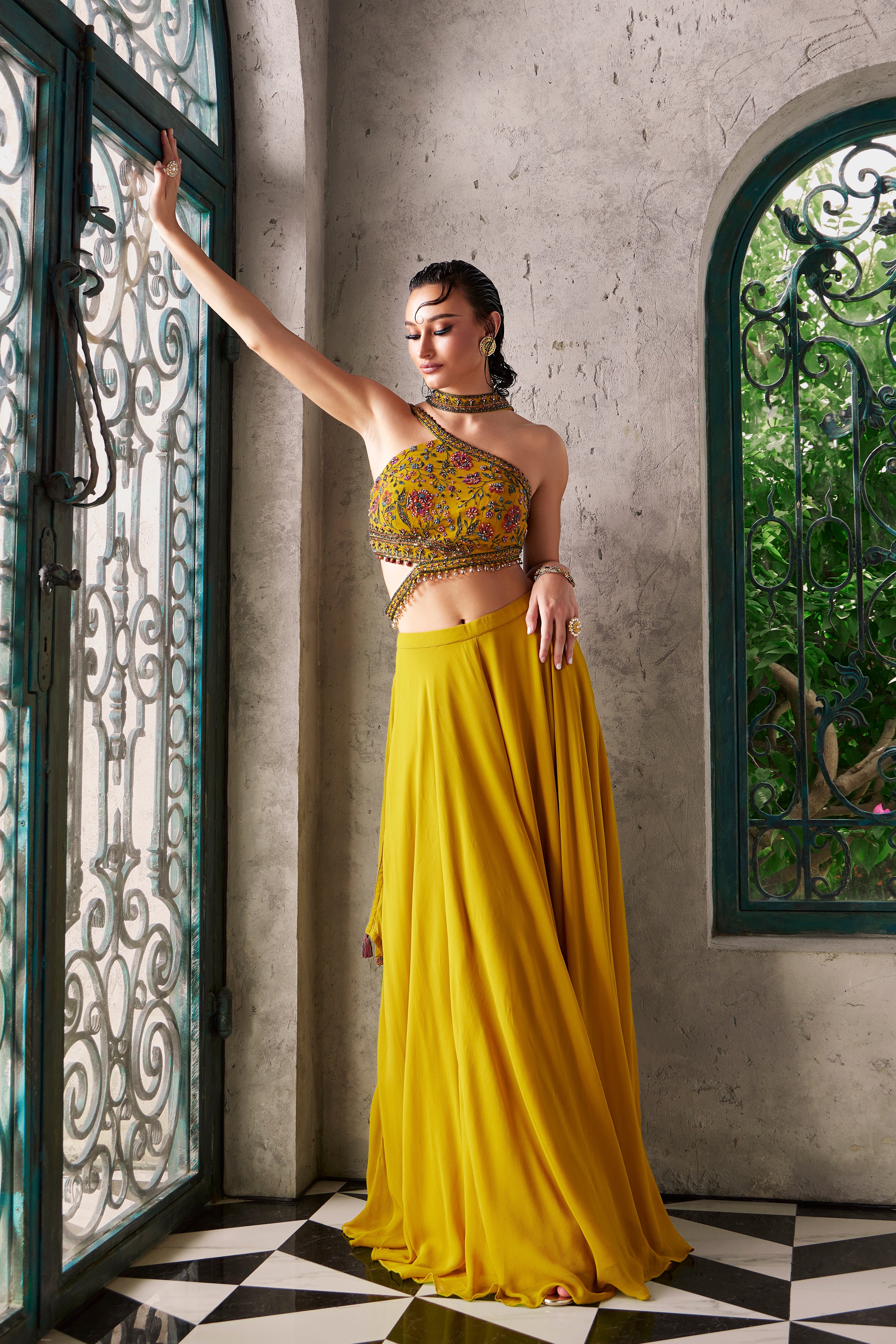 Golden Yellow One-Shoulder Ensemble (Indo-Western) (ARROW M-24)