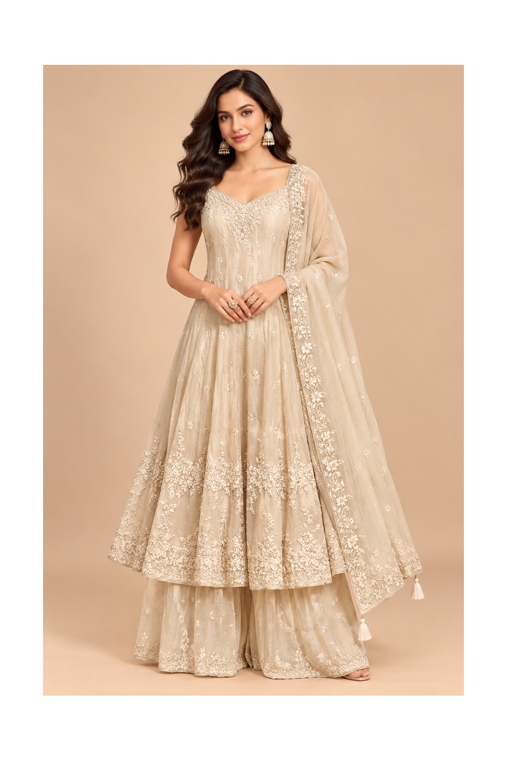 Ivory Champagne Embroidered Anarkali Kurta, Flared Sharara &amp; Dupatta Set