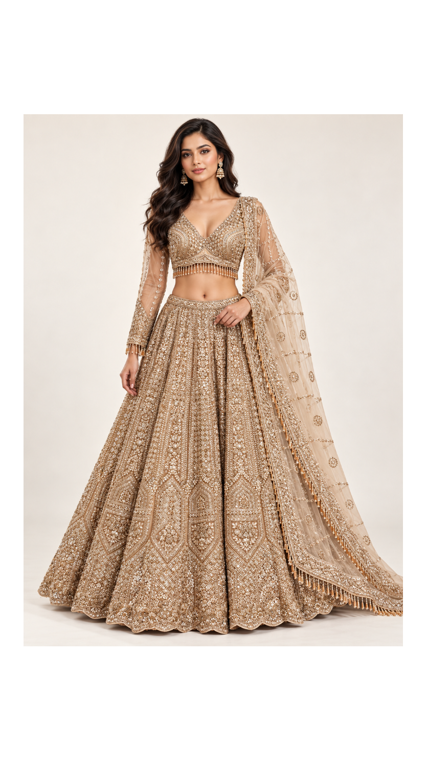 Antique Gold Architectural Zardozi Bridal Lehenga