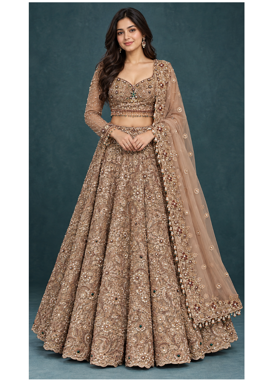 Muted Mocha Heavily Embroidered Bridal Lehenga