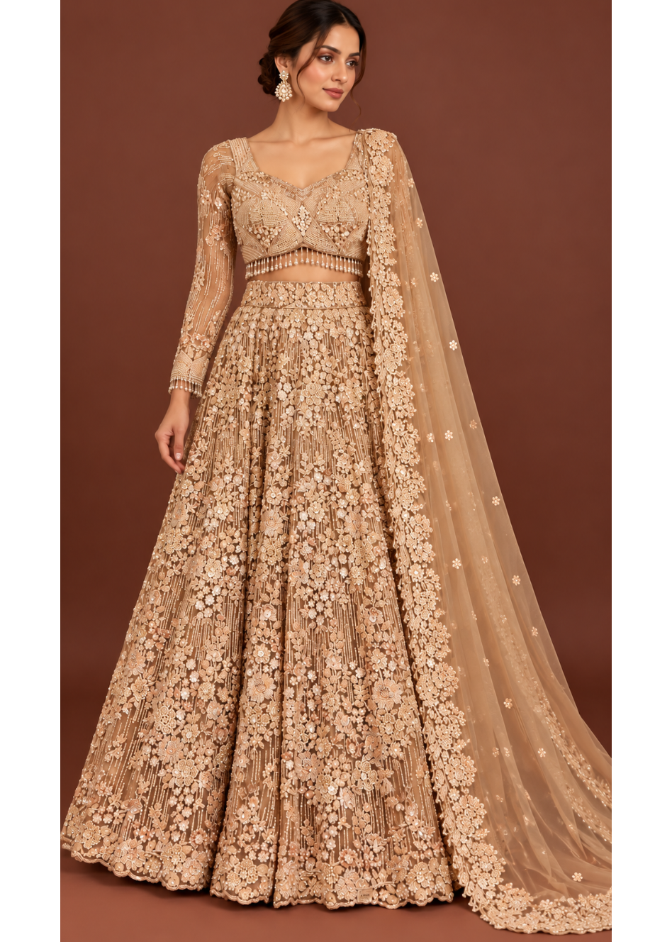 Champagne Gold Floral Embroidered Bridal Lehenga Main image