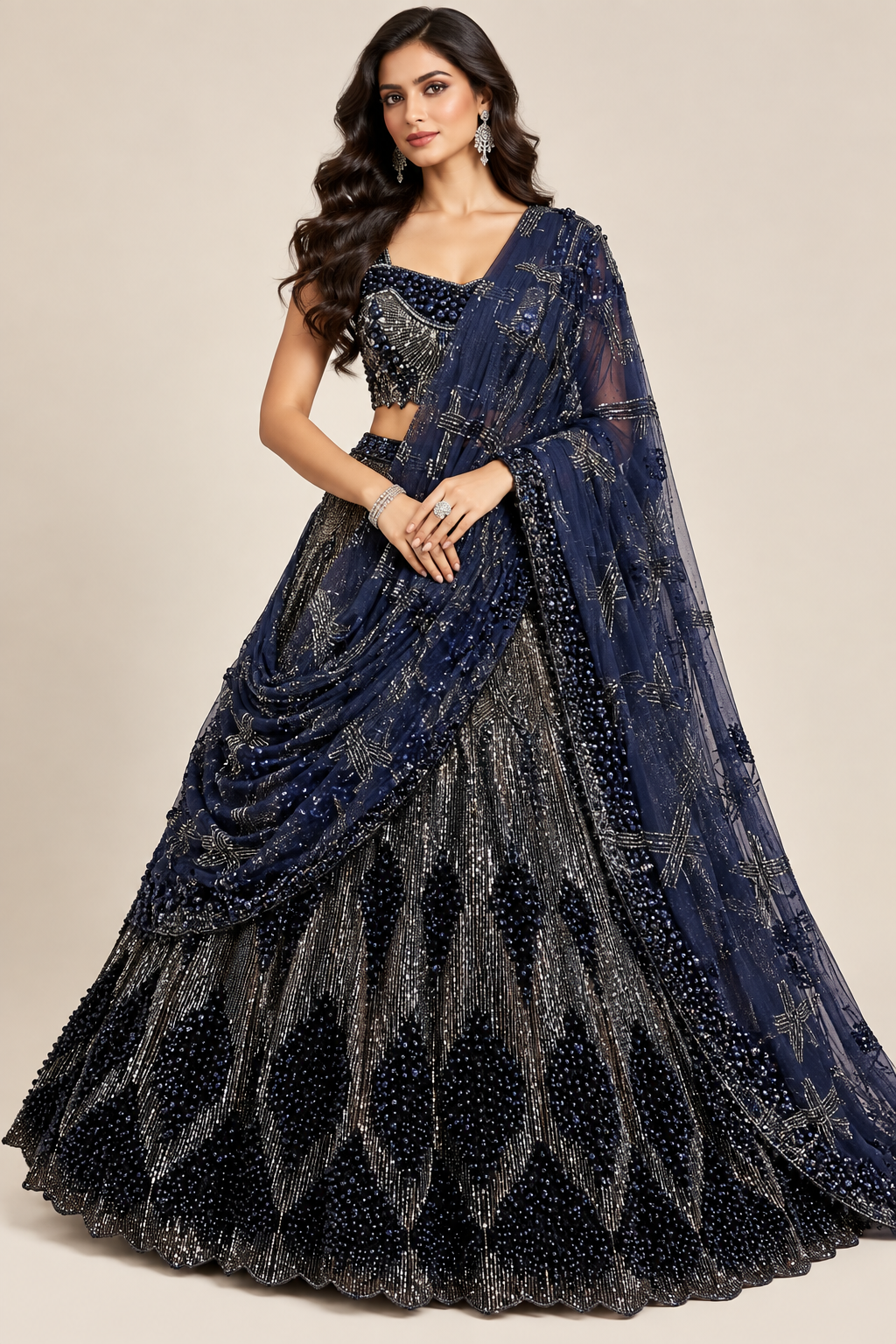 Midnight Navy Heavily Embellished Pre-Draped Saree Lehenga Set