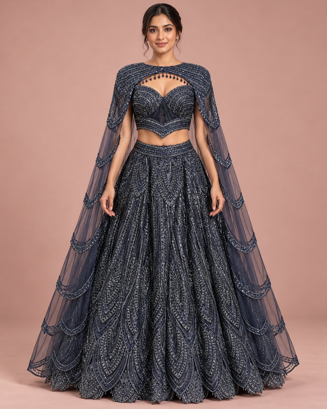 Midnight Blue Cutdana Embellished Cape Lehenga