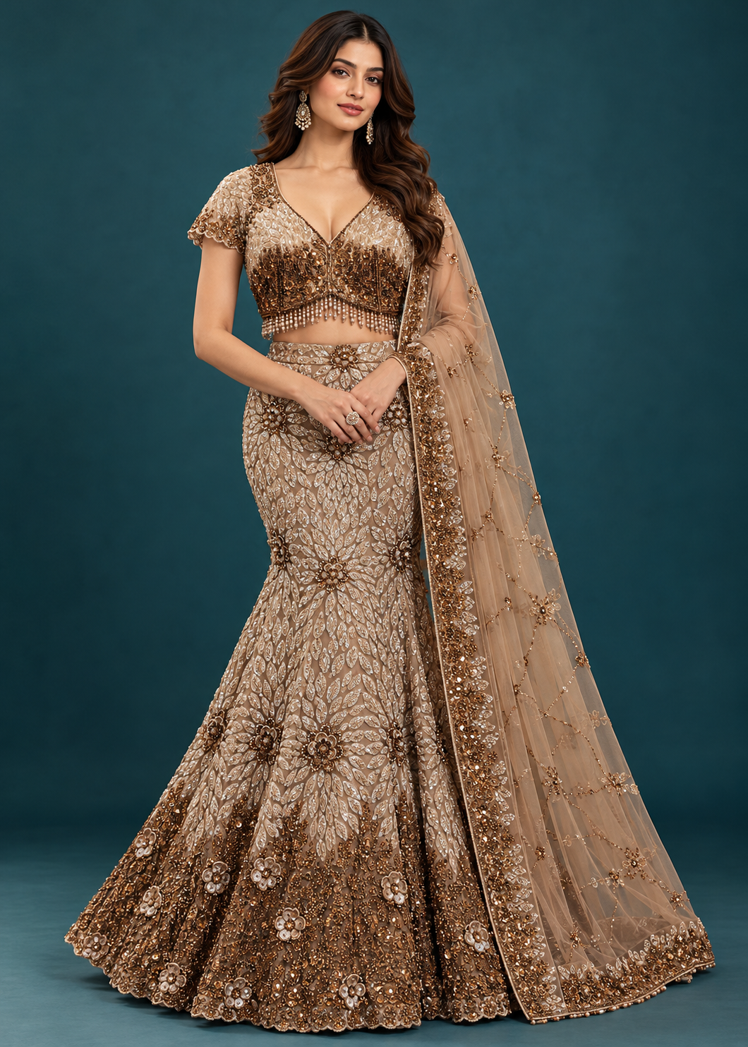Bronze Gold Embroidered Mermaid Bridal Lehenga