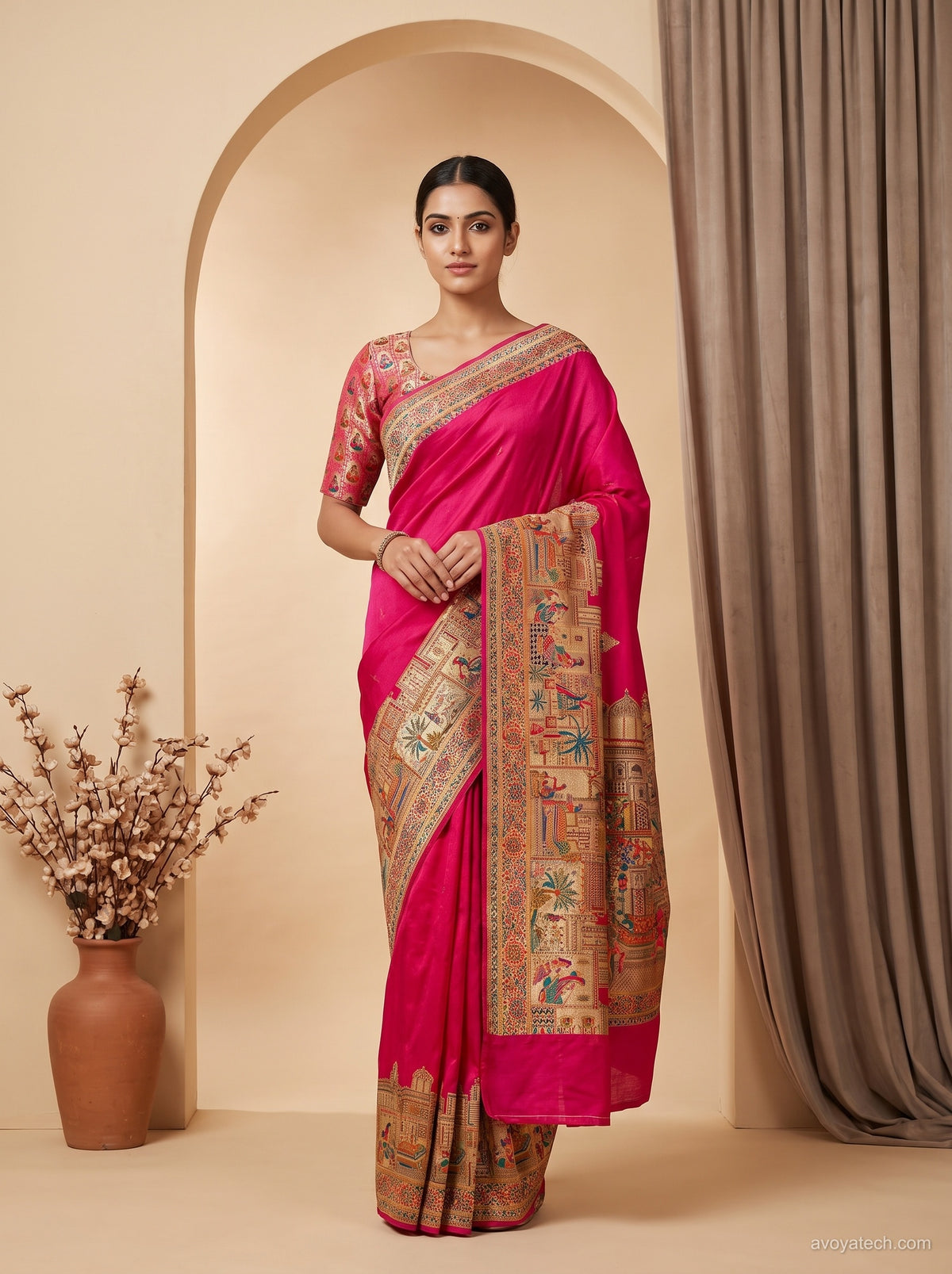 Hot Pink Silk Saree with Jamawar Royal Heritage Figurine Border