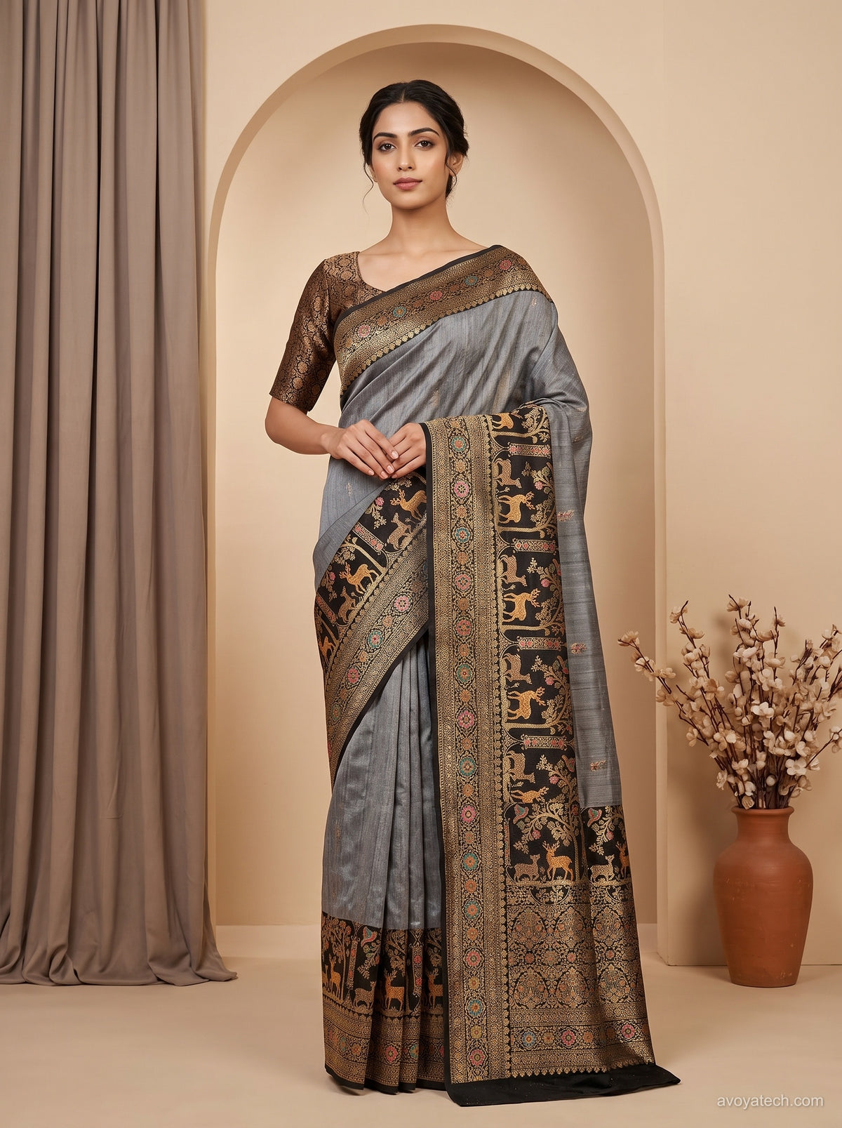 Slate Grey & Jet Black Art Silk Saree with Shikargah Deer Motifs Main image