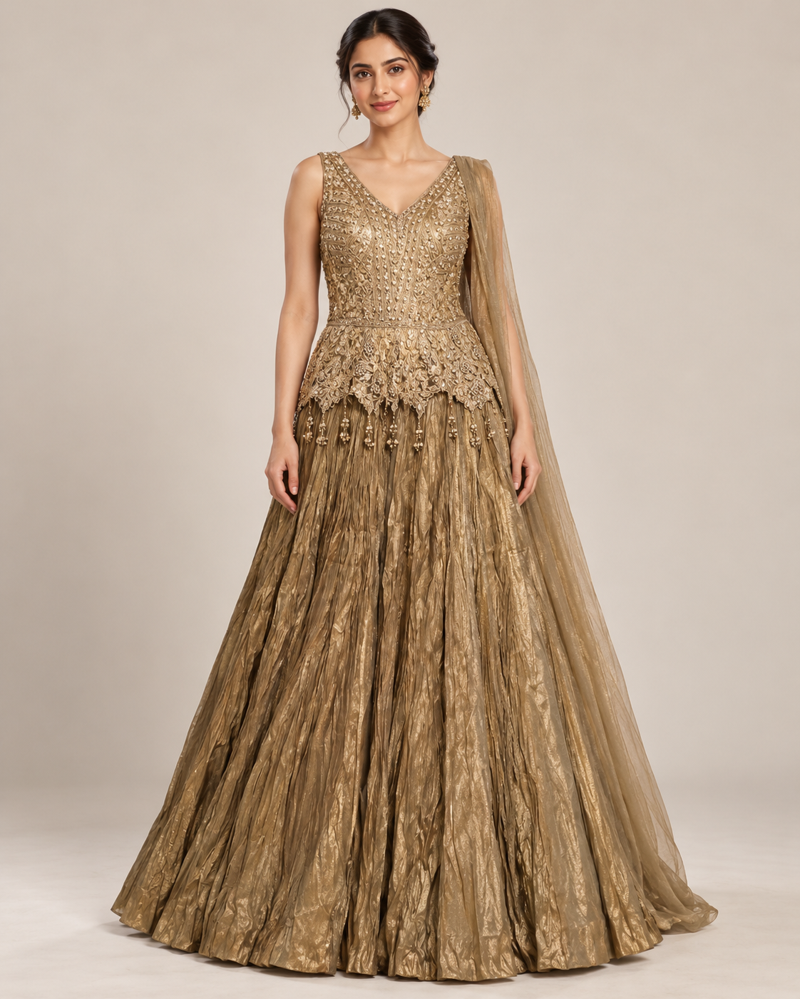 Antique Gold Embroidered Dress with Peplum Detailing Main image