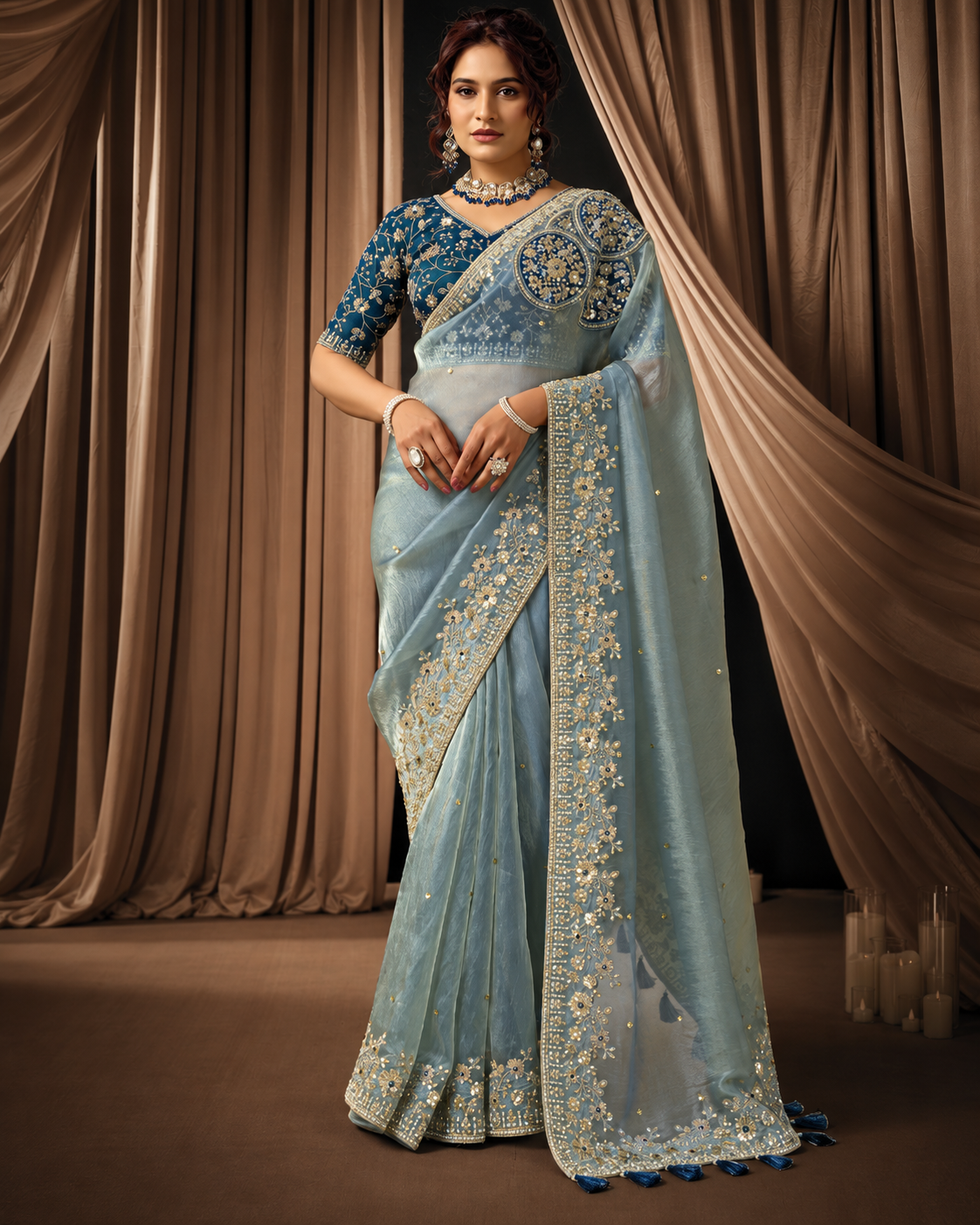 Dusty Blue Zari Organza Satin Saree with Golden Embroidery