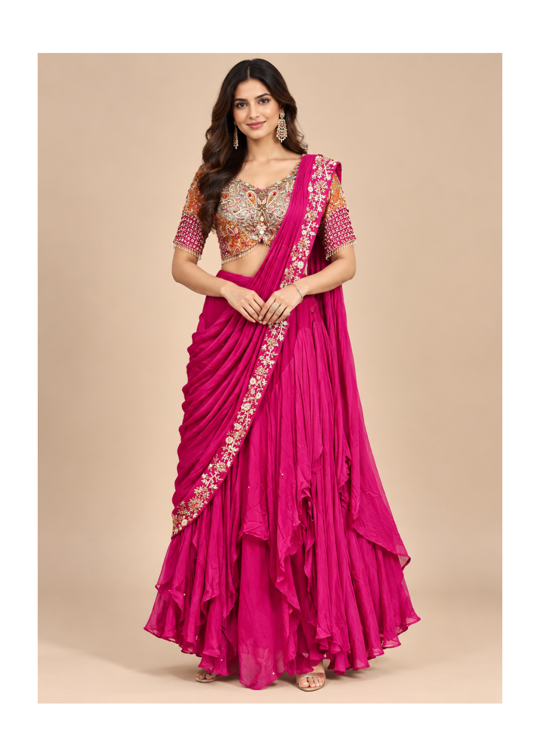 Magenta Rani Pink Embroidered Blouse & Pre-Draped Ruffle Saree-Lehenga Set