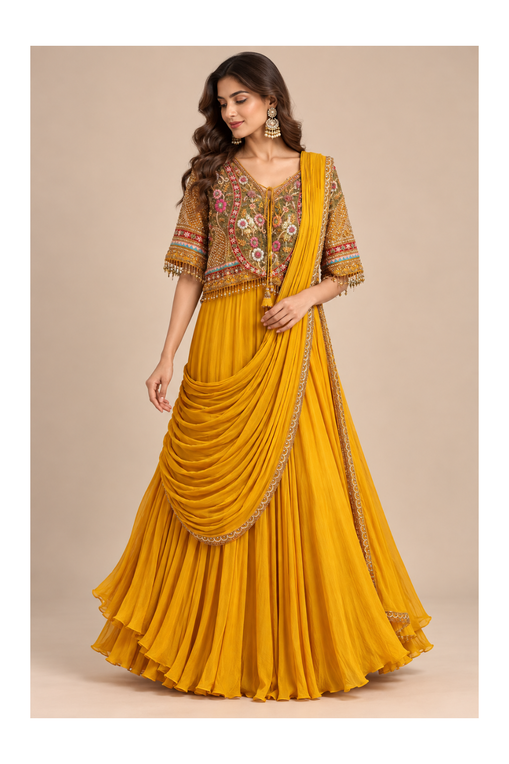 Mustard Yellow Embroidered Jacket Draped Gown