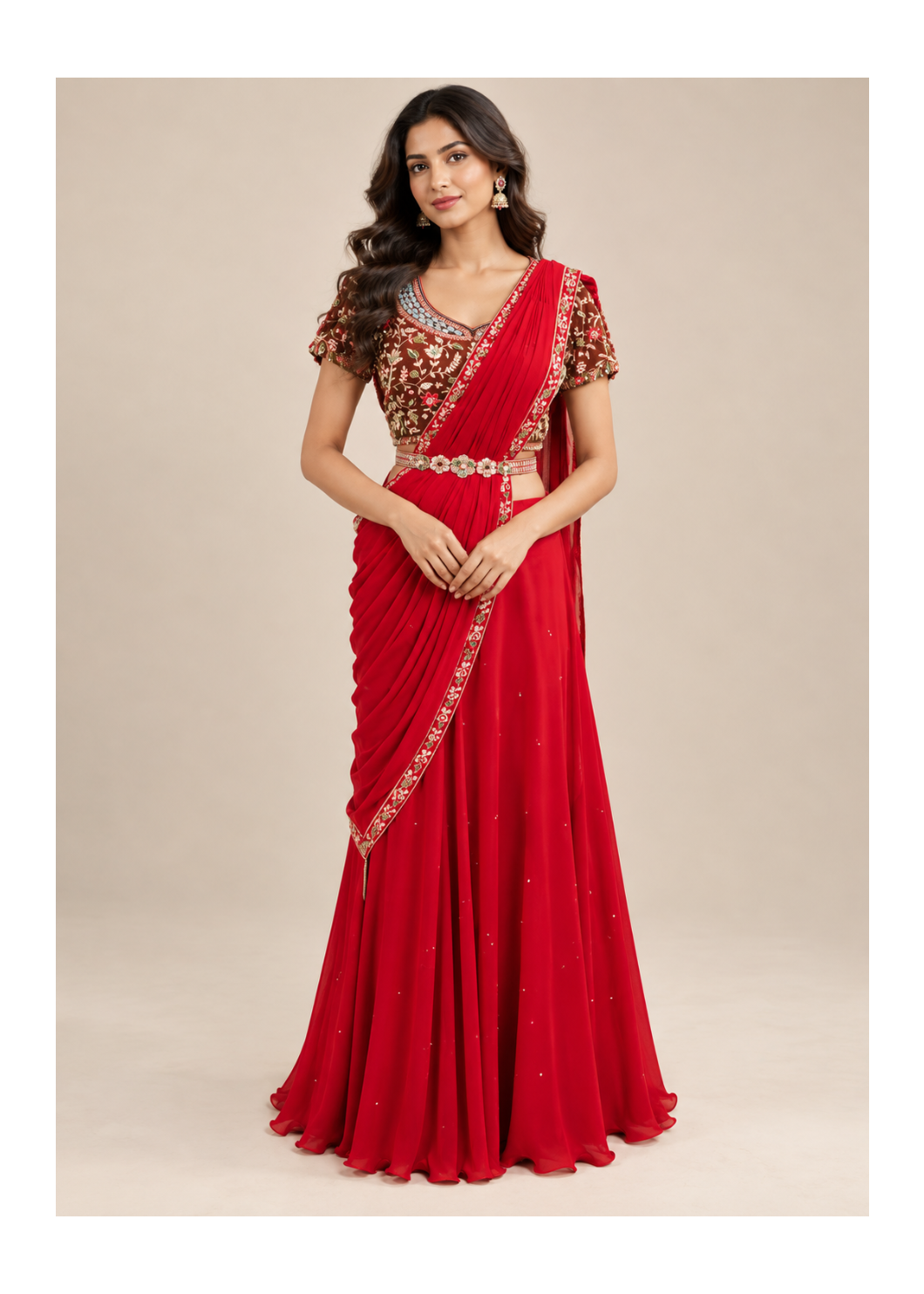 Red Embroidered Pre-Draped Saree Set