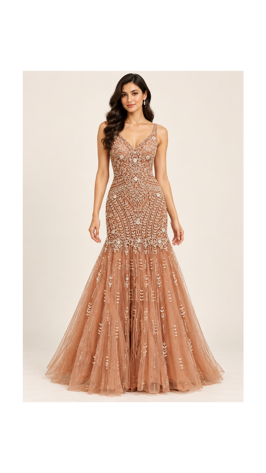 Dusty Caramel Mermaid Evening Gown with Symmetrical Filigree Embroidery