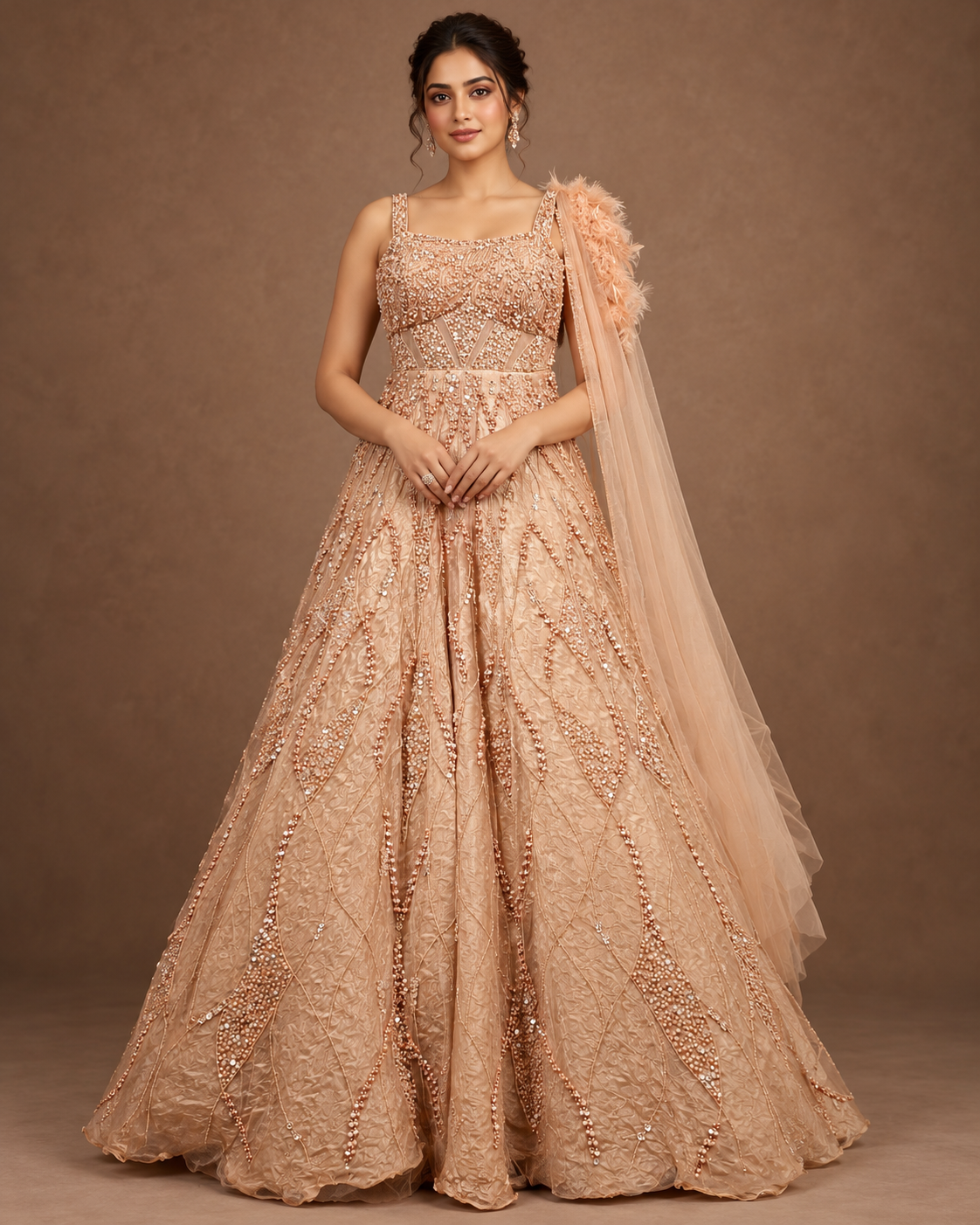 Peach Nude Feather Embroidered Bridal Gown