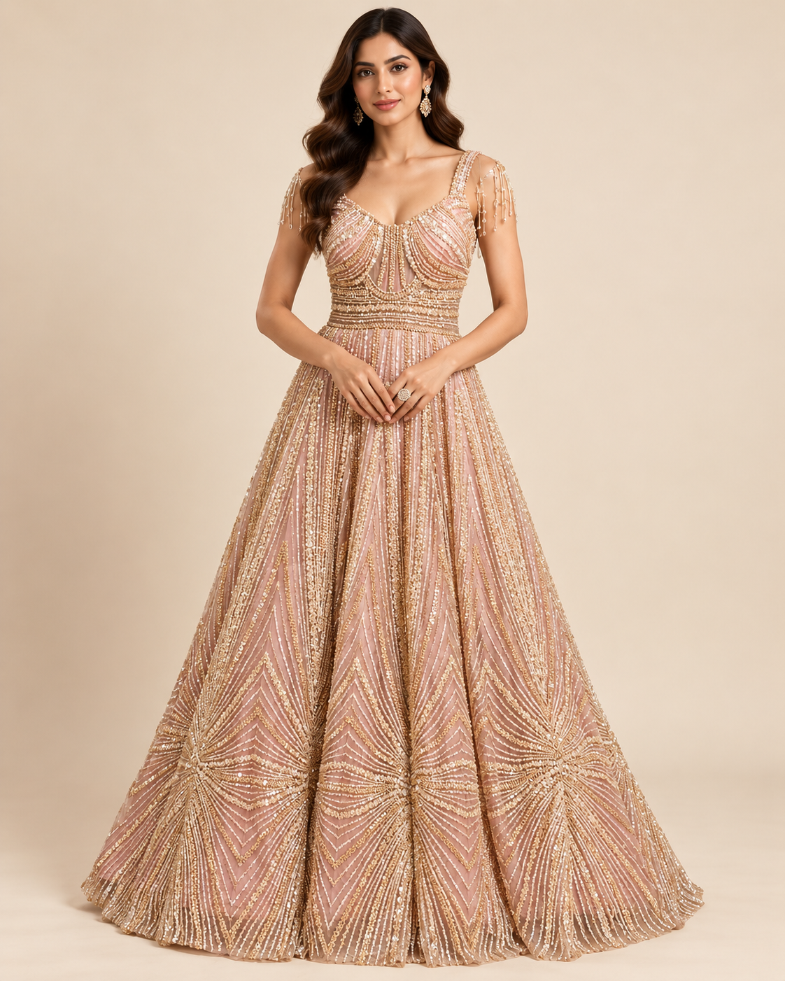 Blush Rose Gold Heavily Embellished Kalidar Evening Gown