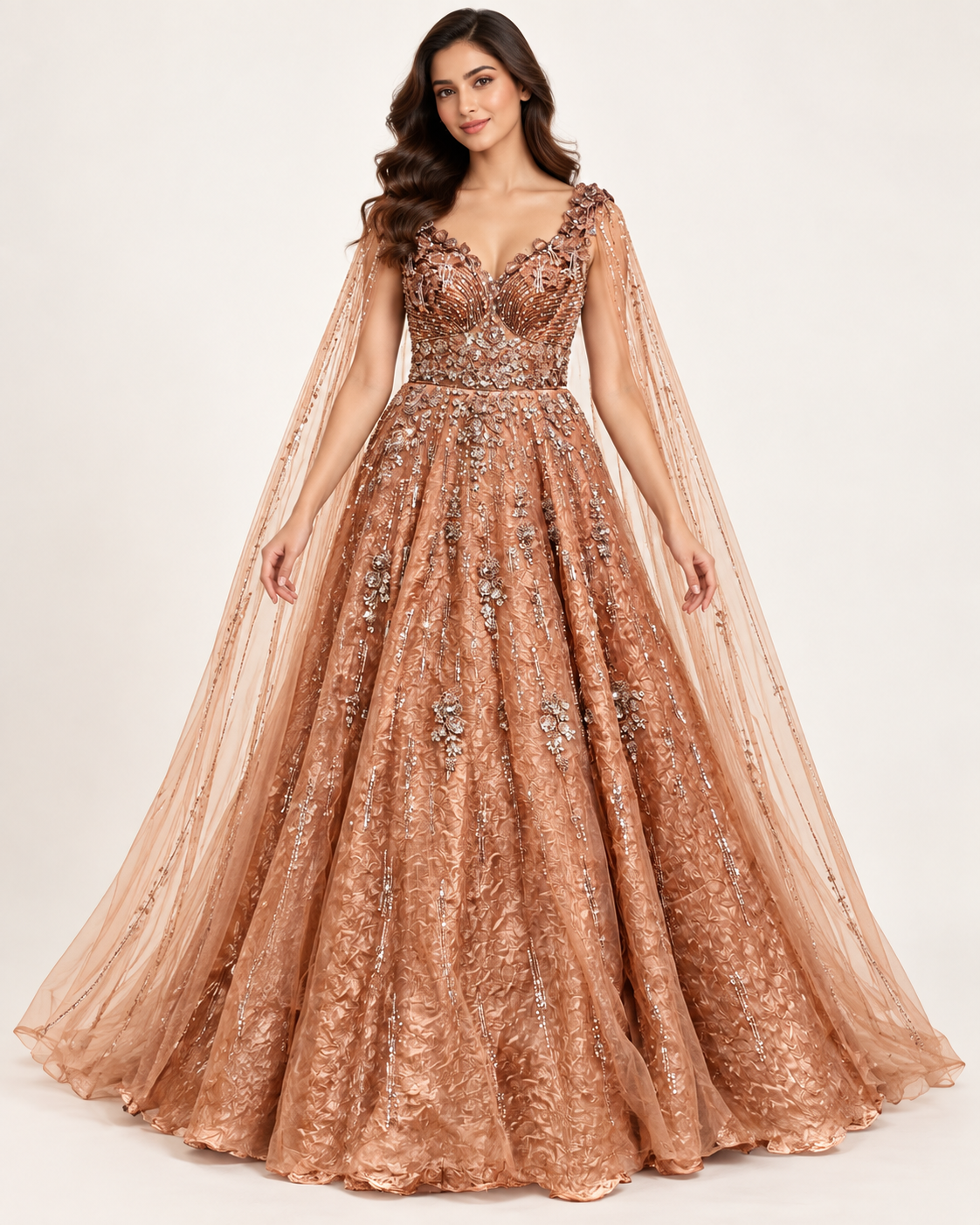 Copper Bronze Embellished Corset Ballgown with Cape Sleeves Main image