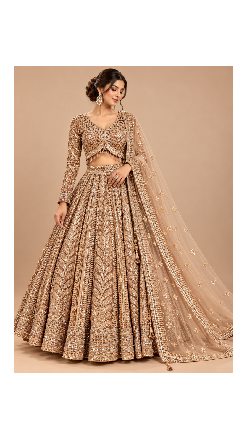 Antique Gold Foliage Bridal Lehenga Set