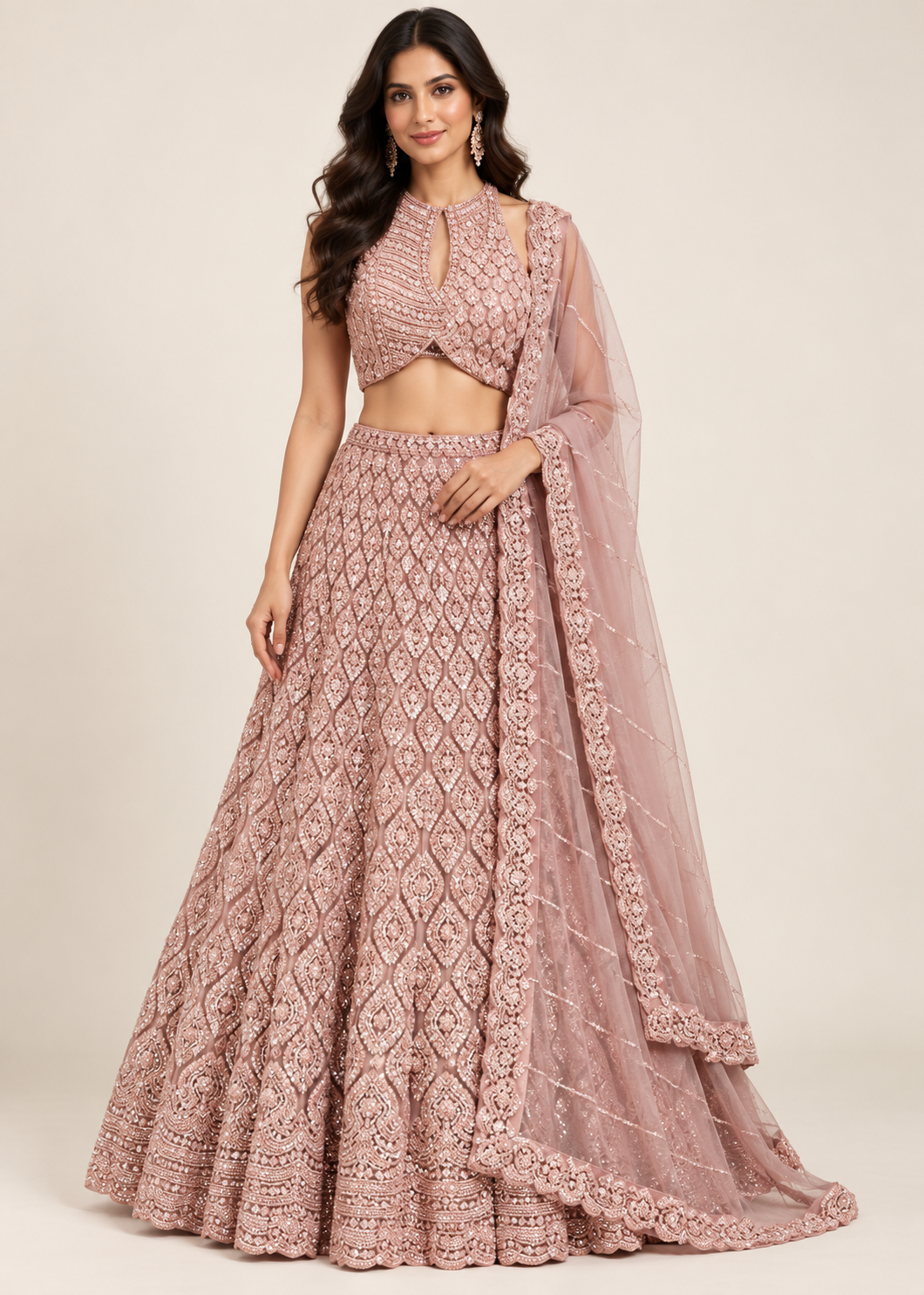 Dusty Rose Geometric Filigree Halter Bridal Lehenga Set