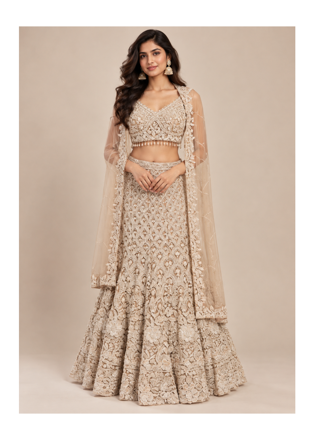 Champagne Beige Embroidered Bridal Lehenga Set