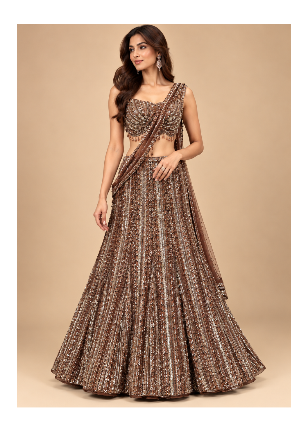 Coffee Brown Striped Sequin Bridal Lehenga