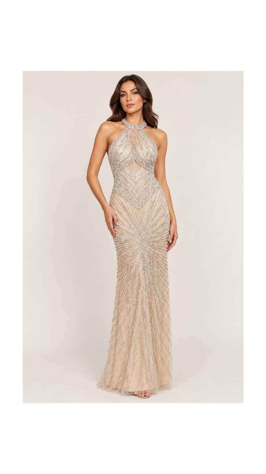 Champagne Silver Halter Fluted Evening Gown Main image