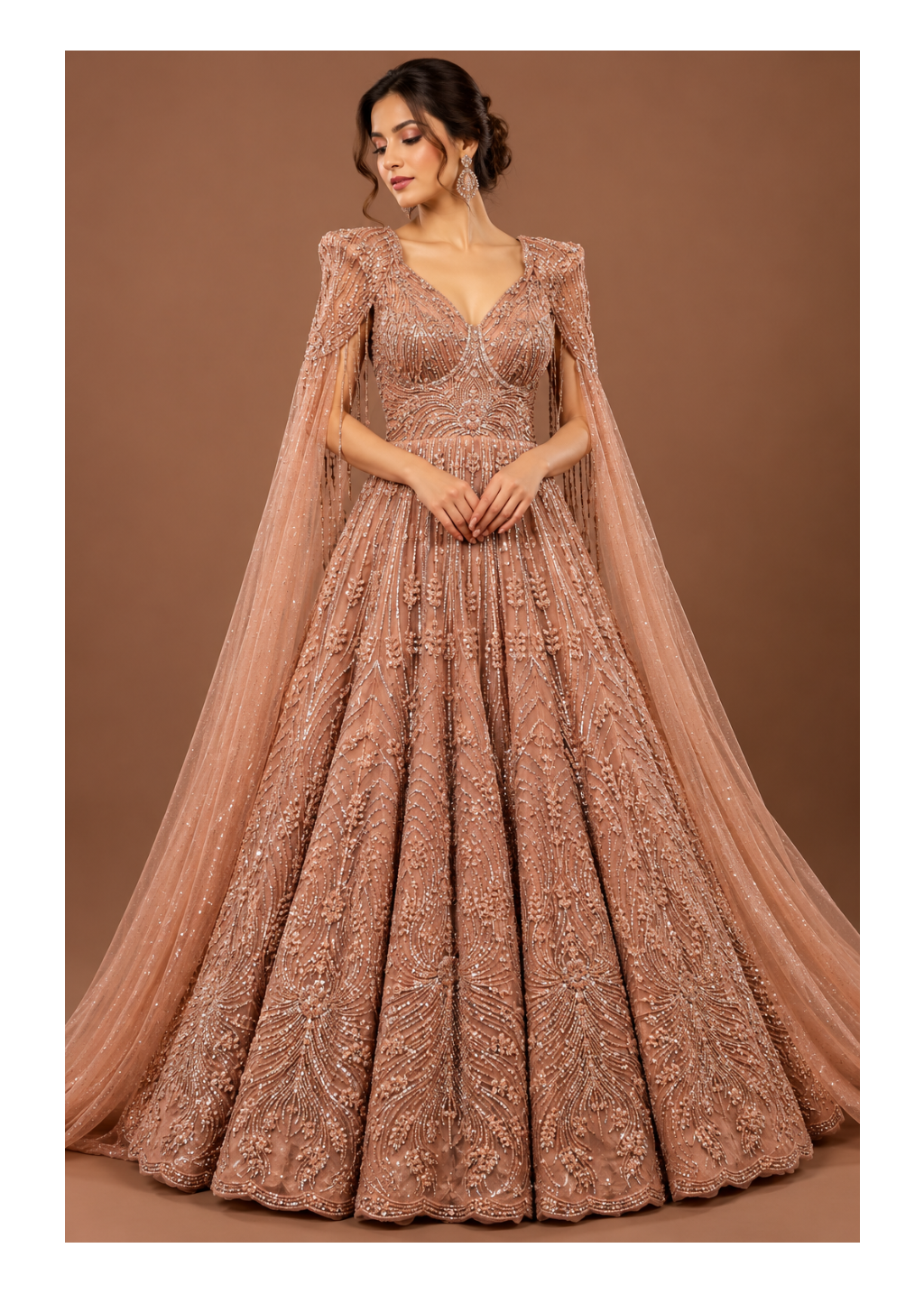 Dusty Rose Cape Embroidered Bridal Gown