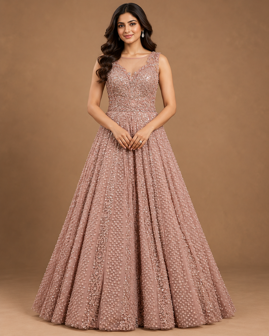 Dusty Rose Handcrafted Embellished Evening Gown