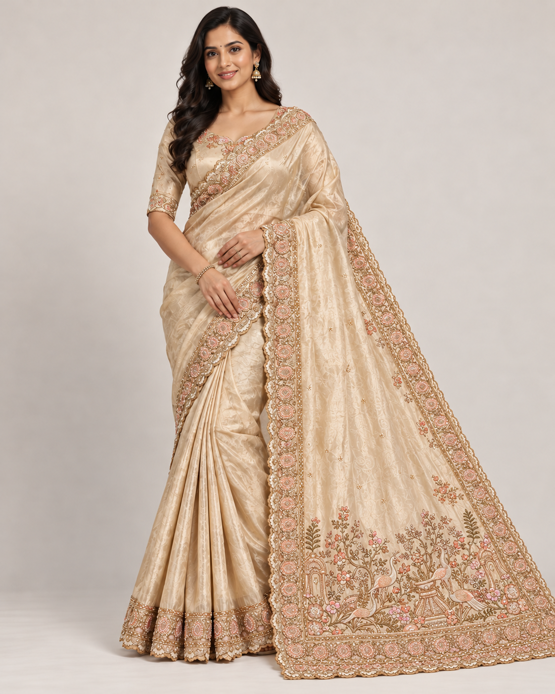 Elegent Champagne Floral Saree