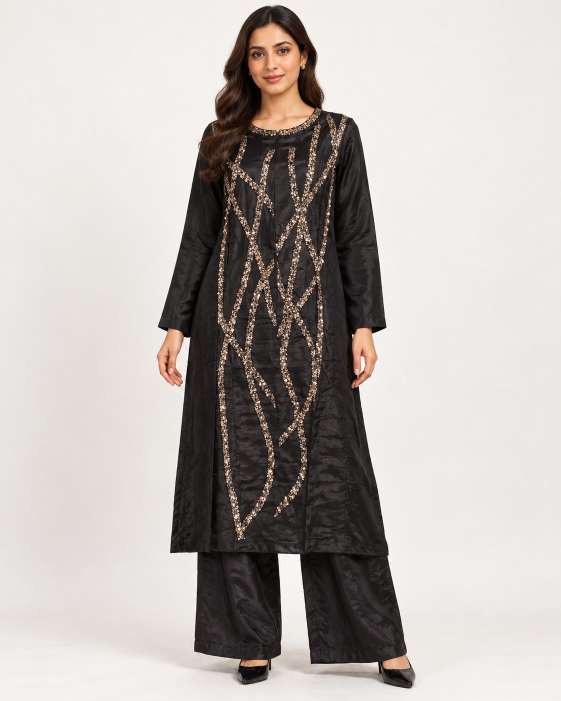 Black Abstract Sequin Kurta Palazzo Set