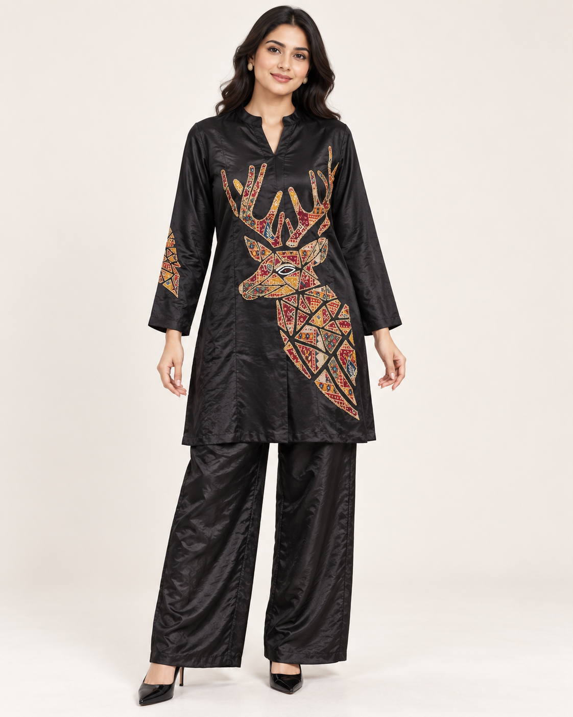 Black Geometric Stag Kurta Palazzo Set