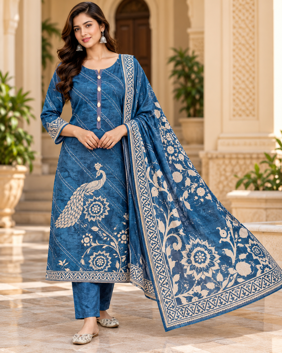Royal Blue Peacock Printed Unstitched Suit Fabric with Floral Dupatta