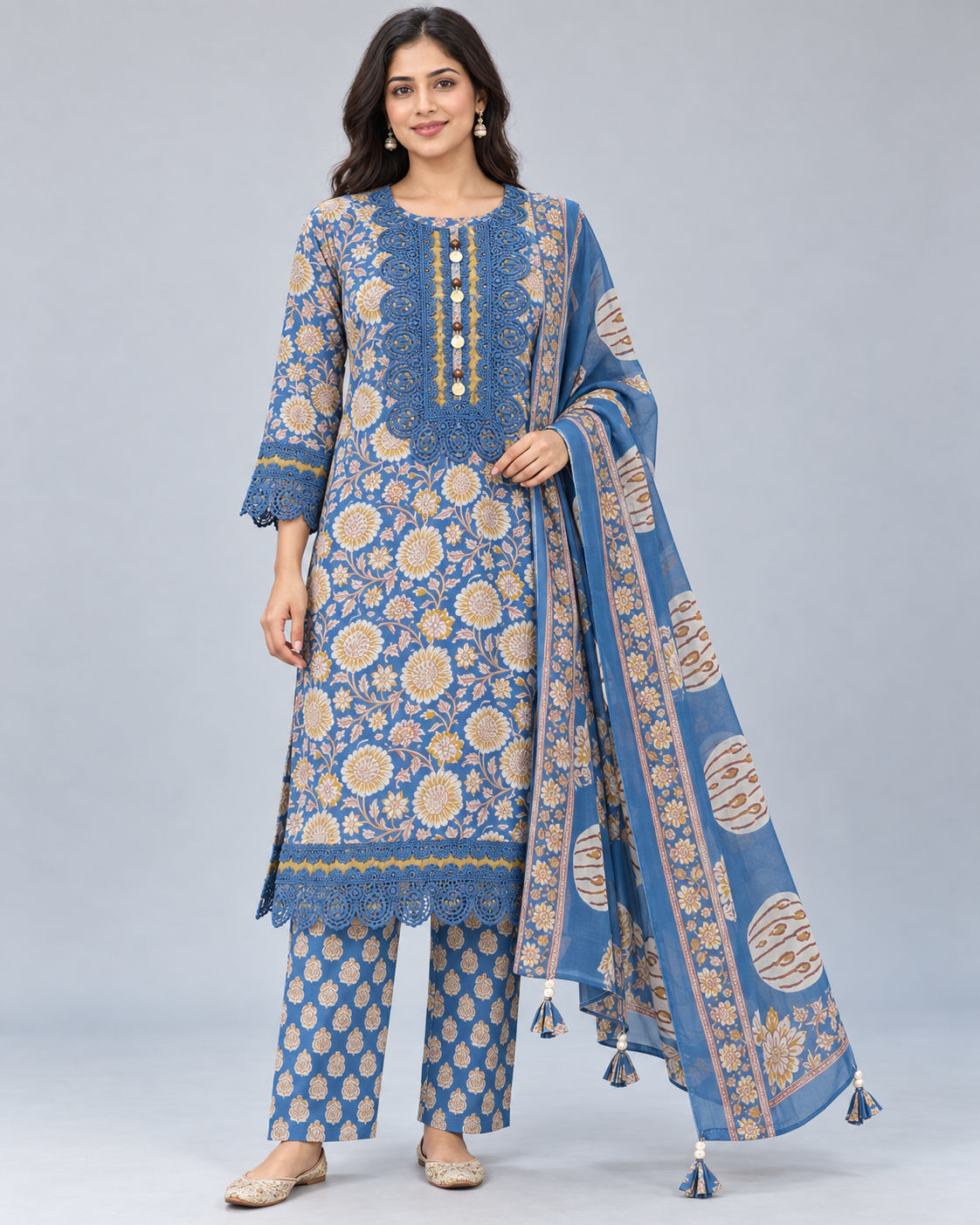 Blue Floral Printed Pant Suit with Lace Detailing Main image