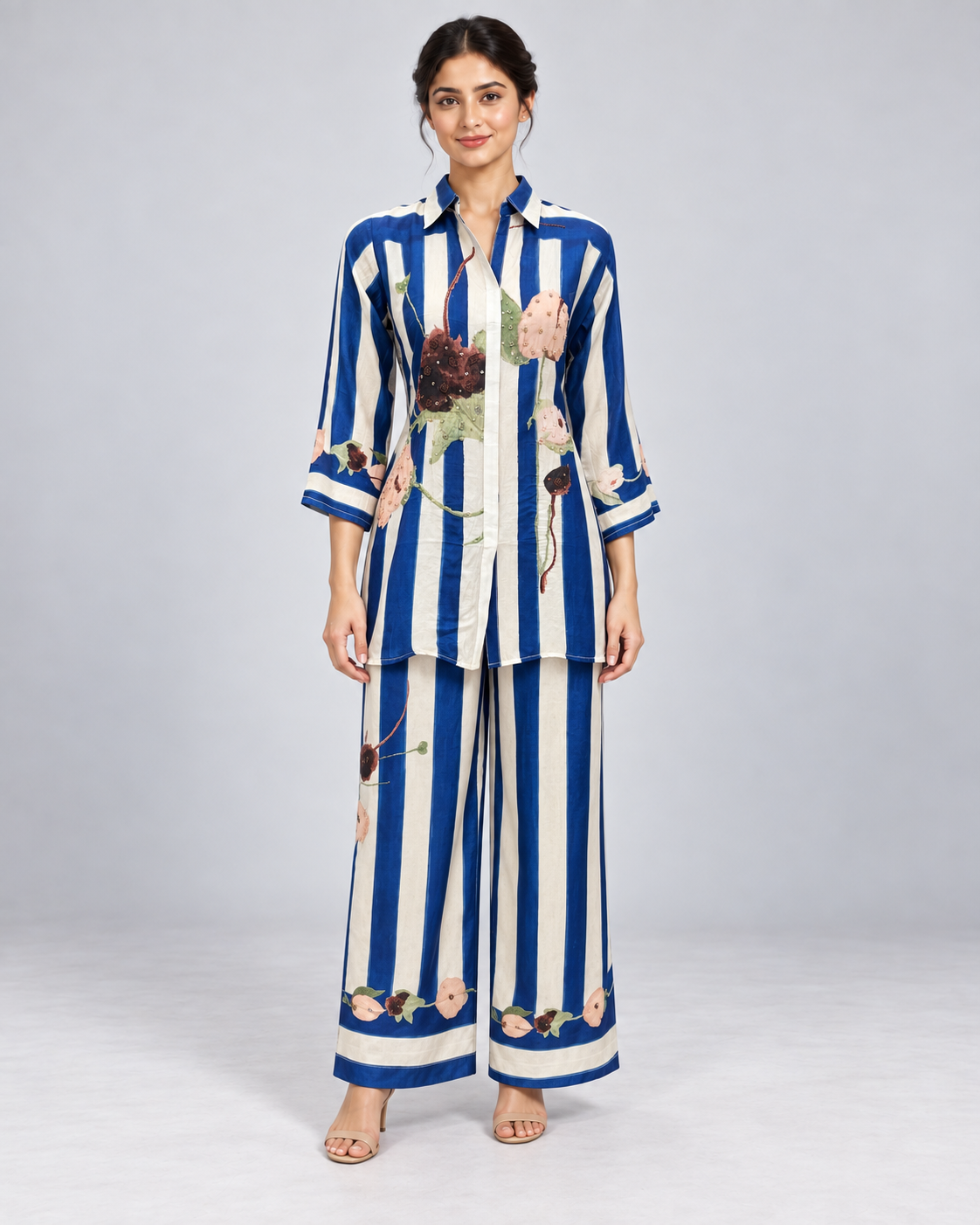 Royal Blue and Ivory Floral Striped Pant Set Main image