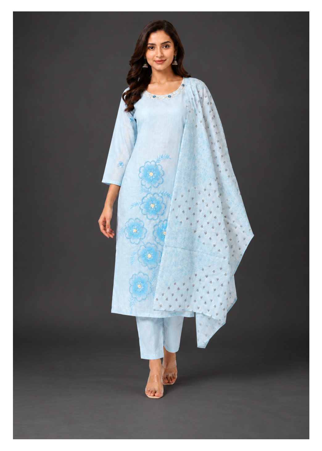 Blue Floral Embroidered Pant Suit with Dupatta Main image